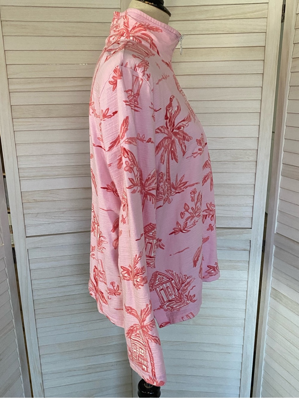 T by Talbots Pink Tropical Palm Print Quarter Zip Long Sleeve Top SZ XL uPF 50+ - Picture 4 of 15
